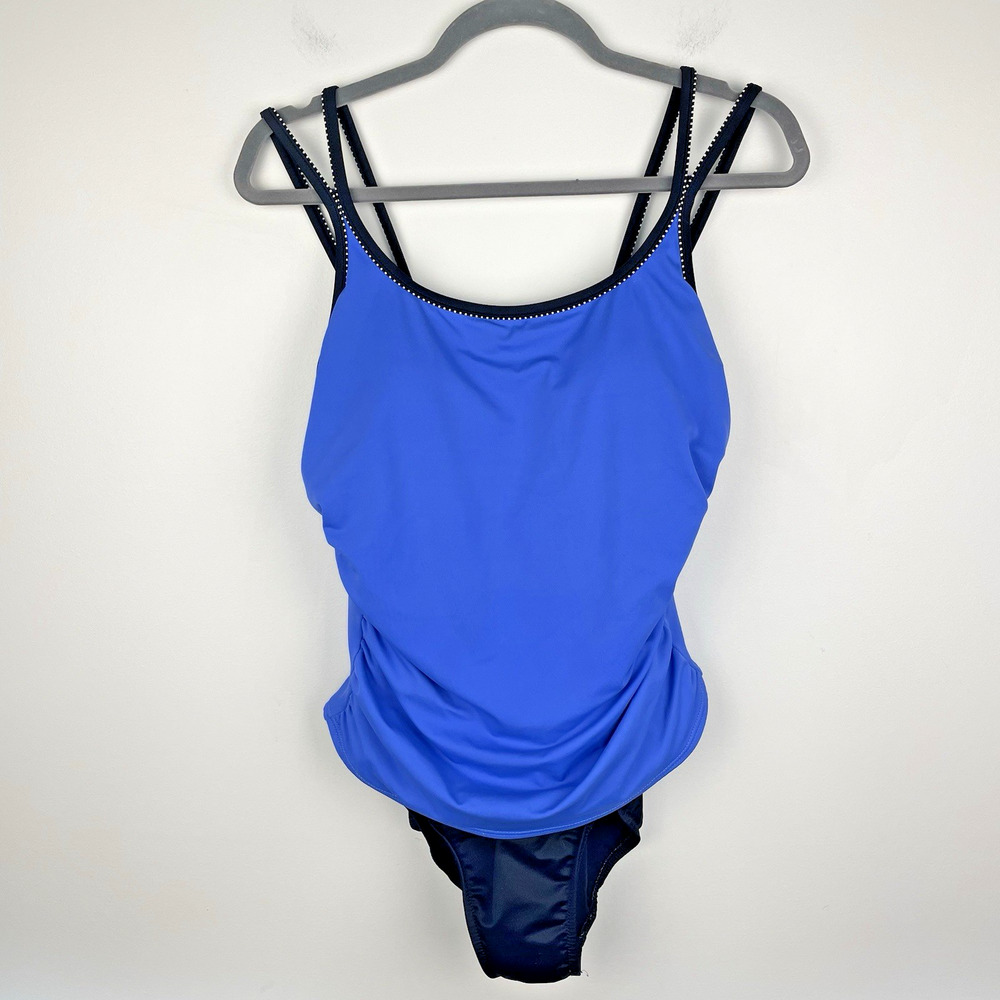 Miraclesuit One Piece Swimsuit Sz 12 Black Blue Overlay Ruched Slimming Strappy